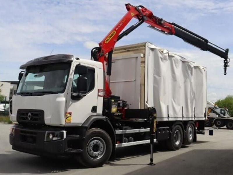 Renault C380 plateau bâché avec grue et hayon rabattable